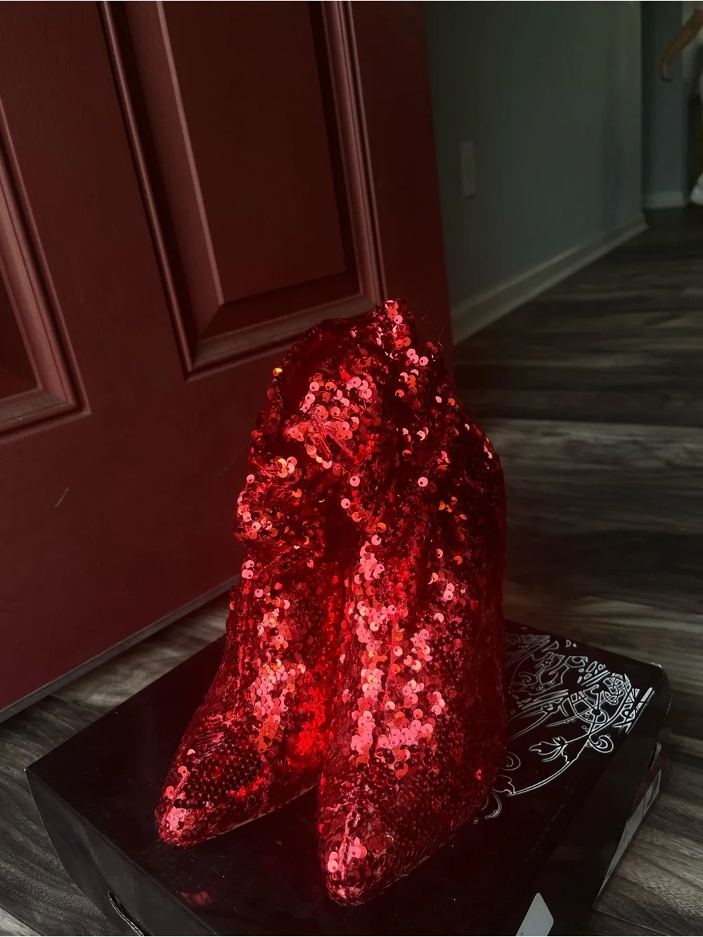 Red Sequin High-Heel Ankle Boots - Women